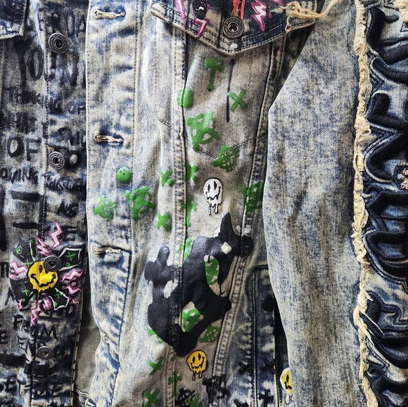 Smoke Rise Graffiti Denim Jacket L Sheffield Embroidered Paint Goth Grunge Clean - Picture 4 of 11